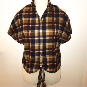 Plaid Button Up Cut-out shoulder Top